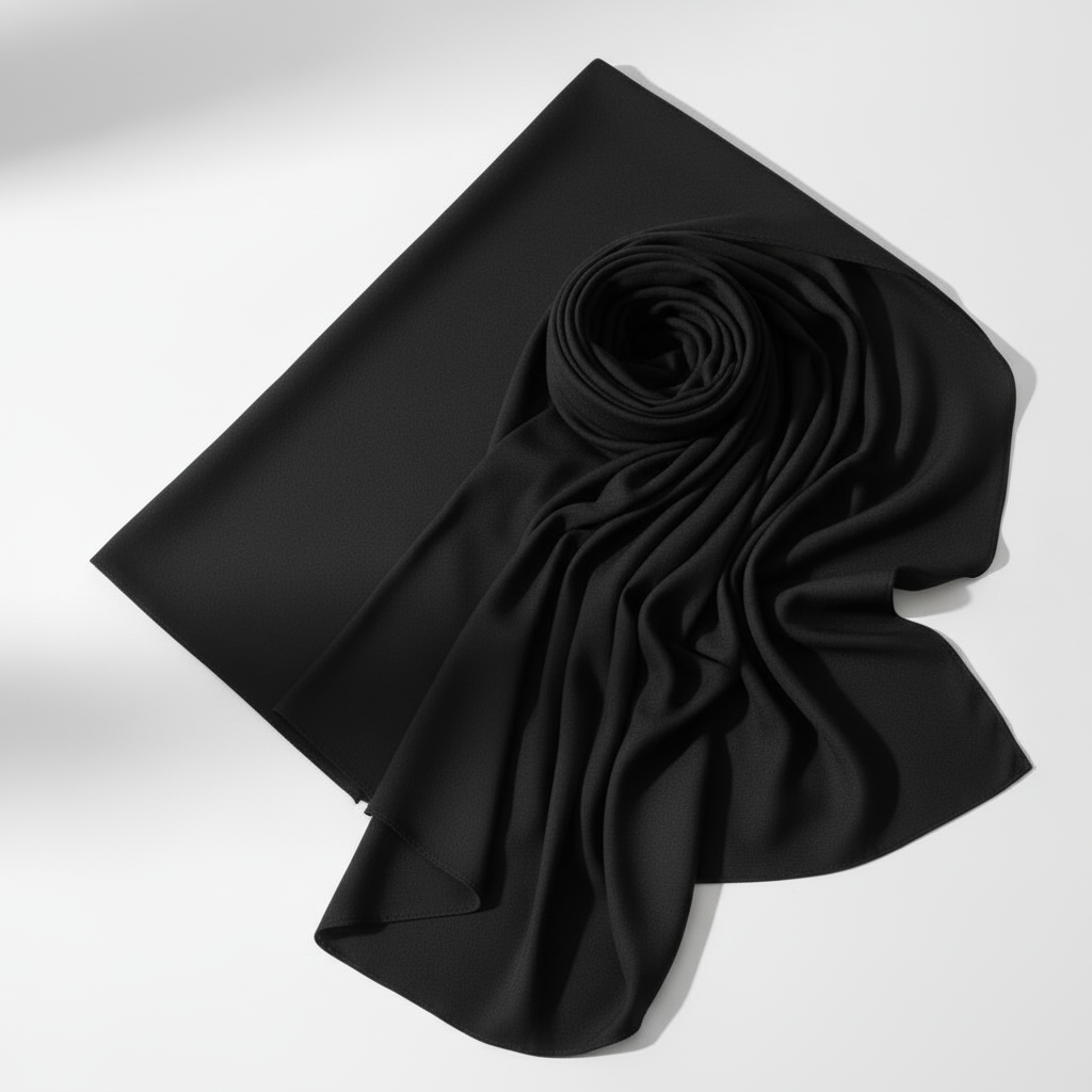 Black jersey hijab neatly folded on white background